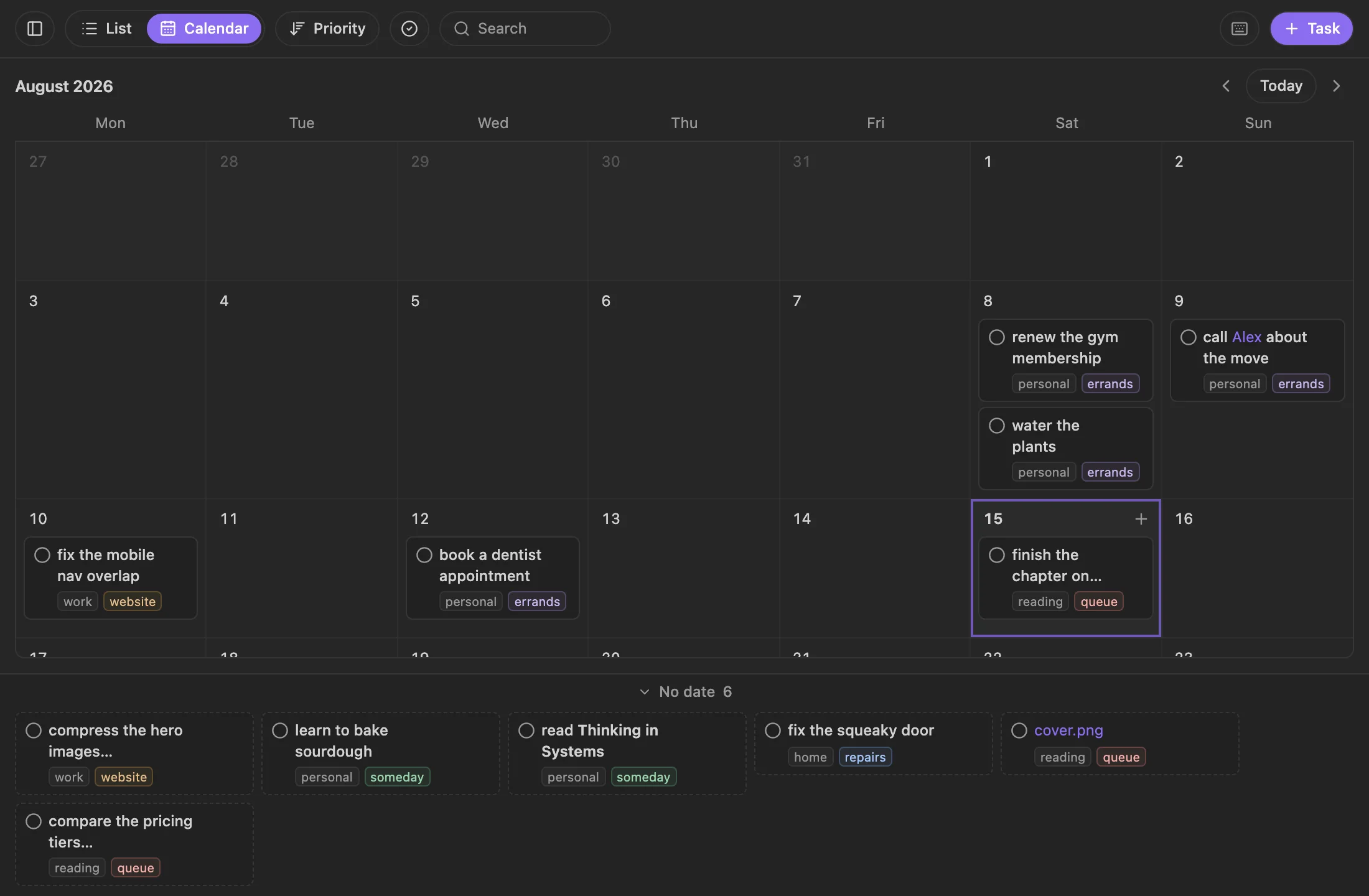 The Calendar tab: a month with tasks by day, the undated ones below