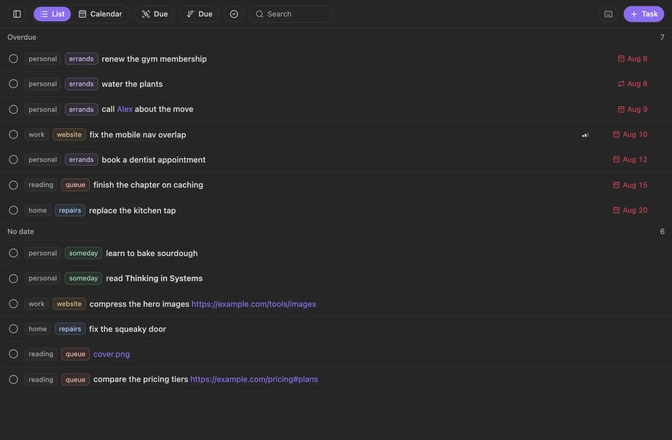 The List tab: tasks grouped by deadline, the rail with spheres and projects on the left